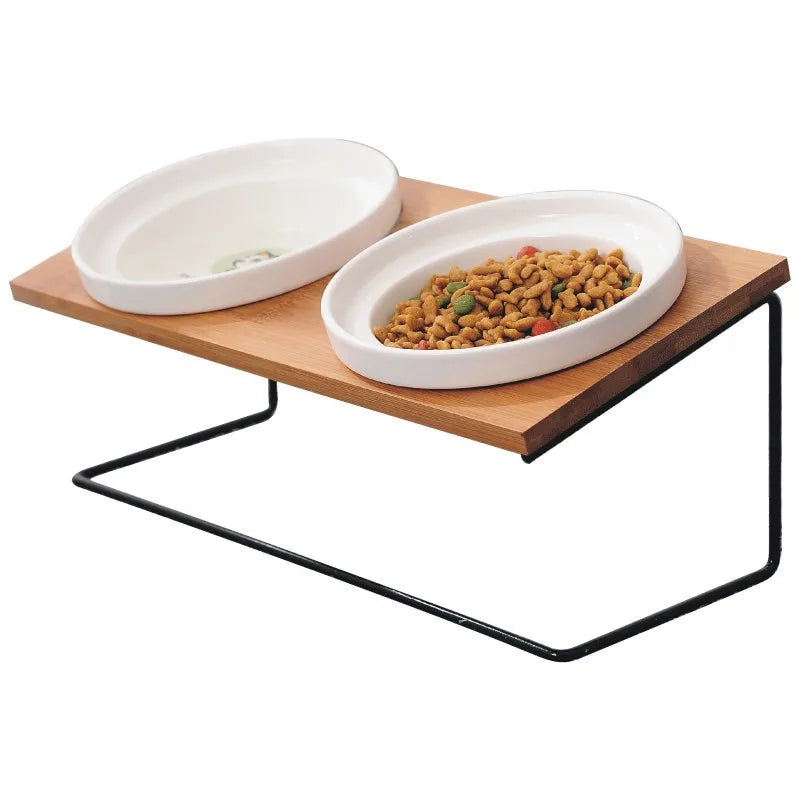 Cute Cat Bowl High-End Pet Bowl Bamboo Shelf Ceramic Feeding and Drinking Bowls for Dogs and Cats Pet Feeder Dog Double Bowls