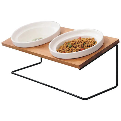 Cute Cat Bowl High-End Pet Bowl Bamboo Shelf Ceramic Feeding and Drinking Bowls for Dogs and Cats Pet Feeder Dog Double Bowls