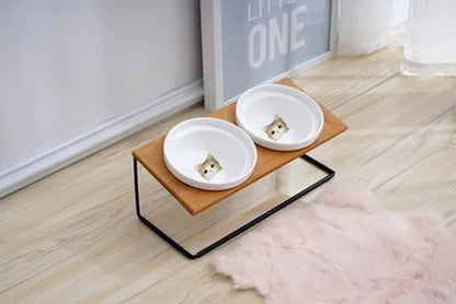 Cute Cat Bowl High-End Pet Bowl Bamboo Shelf Ceramic Feeding and Drinking Bowls for Dogs and Cats Pet Feeder Dog Double Bowls
