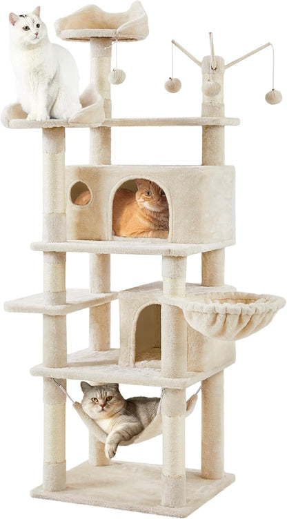 Cat Tree, 67In Large Tower W/ 3 Removable Teaser Sticks, 2 Kitten-Ear Shaped Perches, 2 Condos, Hammock, Scratching Post, Multi Level Pet House, Beige