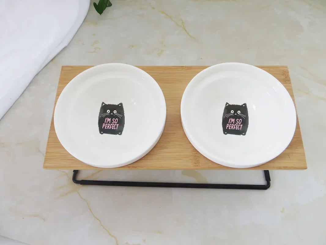 Cute Cat Bowl High-End Pet Bowl Bamboo Shelf Ceramic Feeding and Drinking Bowls for Dogs and Cats Pet Feeder Dog Double Bowls