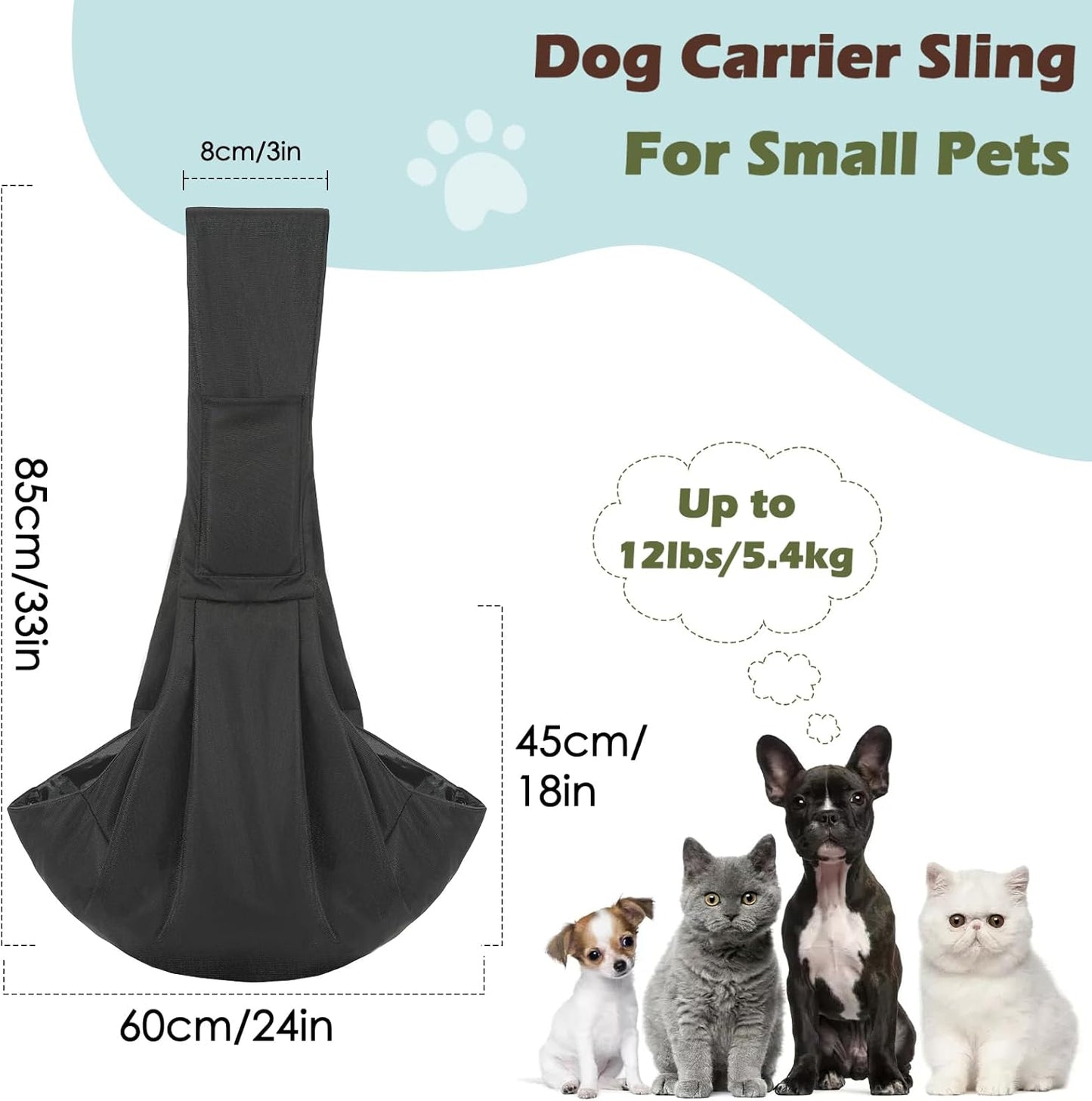 Small Dog Sling Carrier, Reversible Hands Free Dog Sling Carrier for Small Dogs Cats, Puppy Slings Carriers with Adjustable Safety Harness, Puppy Essentials, Black