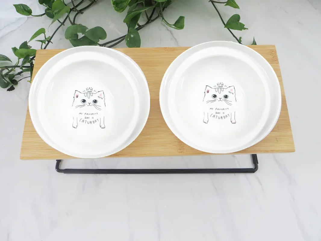 Cute Cat Bowl High-End Pet Bowl Bamboo Shelf Ceramic Feeding and Drinking Bowls for Dogs and Cats Pet Feeder Dog Double Bowls
