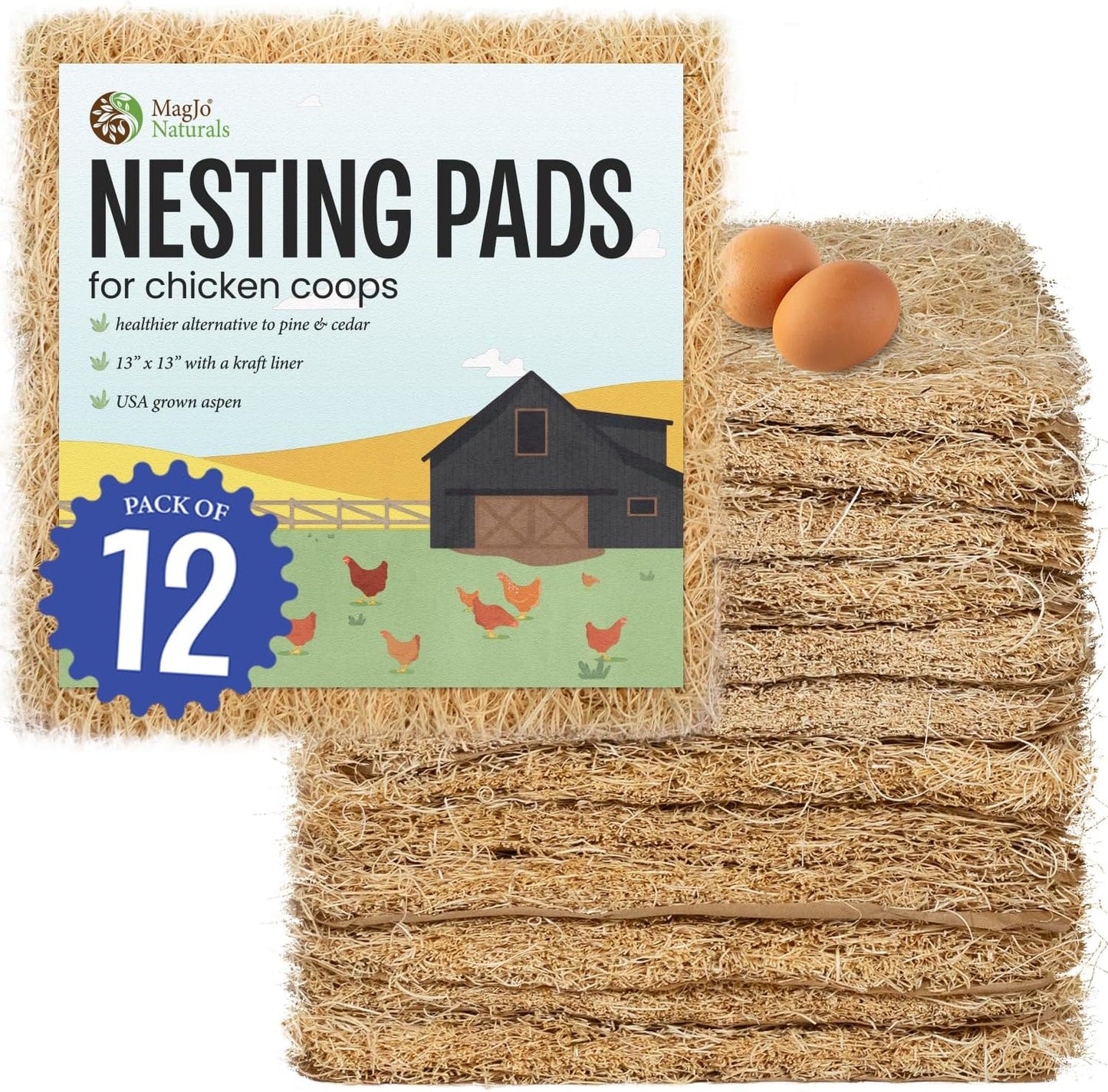 Aspen Nesting Pads for Chicken Coops - USA Grown Aspen Excelsior Nest Box Liners 13X13-12 Pack