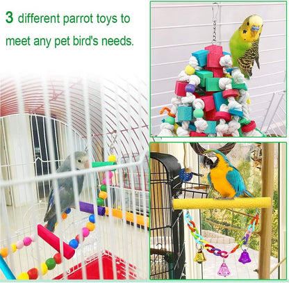 Large Bird Swing Toys, 3 PCS Parrot Toys with Bells for Small Macaws, Cockatoos, Alexandrine Parakeet, African Grey Parrot and Medium Amazon Parrots