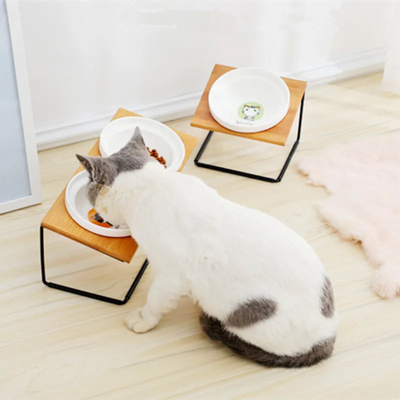 Cute Cat Bowl High-End Pet Bowl Bamboo Shelf Ceramic Feeding and Drinking Bowls for Dogs and Cats Pet Feeder Dog Double Bowls