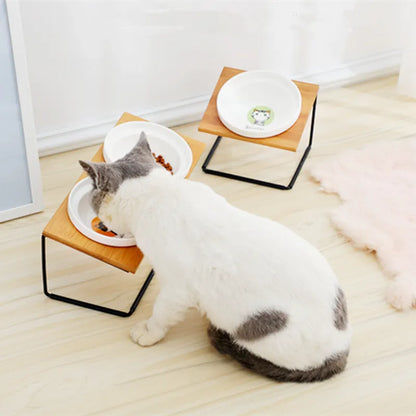 Cute Cat Bowl High-End Pet Bowl Bamboo Shelf Ceramic Feeding and Drinking Bowls for Dogs and Cats Pet Feeder Dog Double Bowls