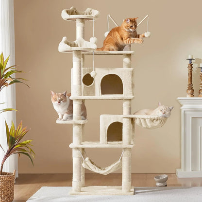 Cat Tree, 67In Large Tower W/ 3 Removable Teaser Sticks, 2 Kitten-Ear Shaped Perches, 2 Condos, Hammock, Scratching Post, Multi Level Pet House, Beige