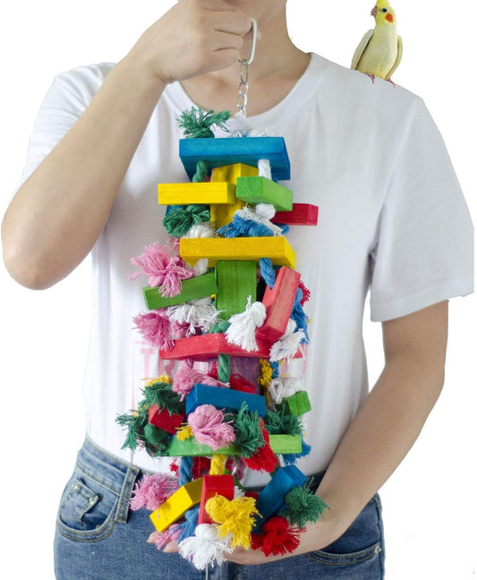 Delokey Bird Block Knots Tearing Toy -19.7 Inch Multicolored Natural Wooden Parrot Chewing Toy Suggested for Macaws Cokatoos,African Grey and a Variety of Amazon Parrots.(Large Size)