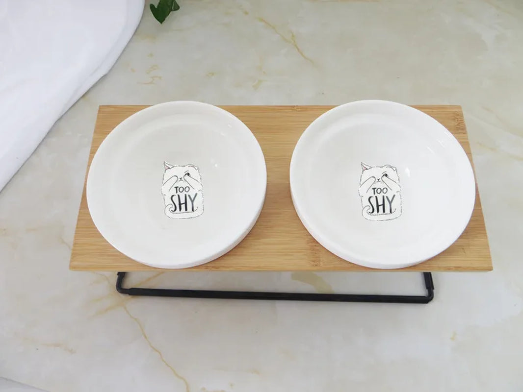 Cute Cat Bowl High-End Pet Bowl Bamboo Shelf Ceramic Feeding and Drinking Bowls for Dogs and Cats Pet Feeder Dog Double Bowls