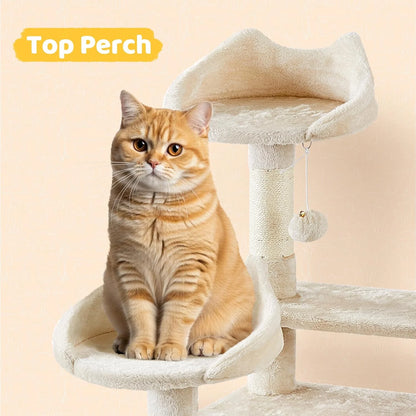 Cat Tree, 67In Large Tower W/ 3 Removable Teaser Sticks, 2 Kitten-Ear Shaped Perches, 2 Condos, Hammock, Scratching Post, Multi Level Pet House, Beige