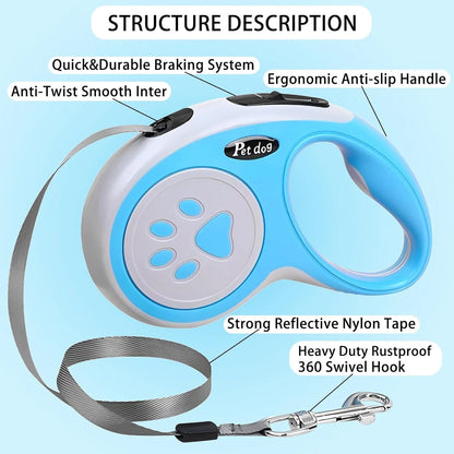 Dog Leash, VELIGOOD 5M/16FT Extendable Dog Lead with Strong Nylon Tape Tangle-Free One-Handed Brake, Pause, Lock for Small Medium Dogs (Blue)