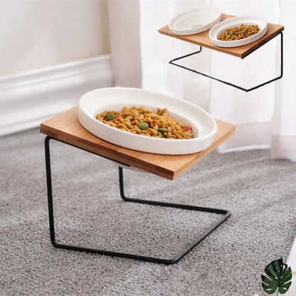 Cute Cat Bowl High-End Pet Bowl Bamboo Shelf Ceramic Feeding and Drinking Bowls for Dogs and Cats Pet Feeder Dog Double Bowls