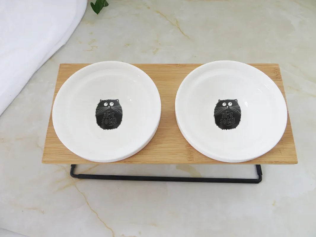 Cute Cat Bowl High-End Pet Bowl Bamboo Shelf Ceramic Feeding and Drinking Bowls for Dogs and Cats Pet Feeder Dog Double Bowls
