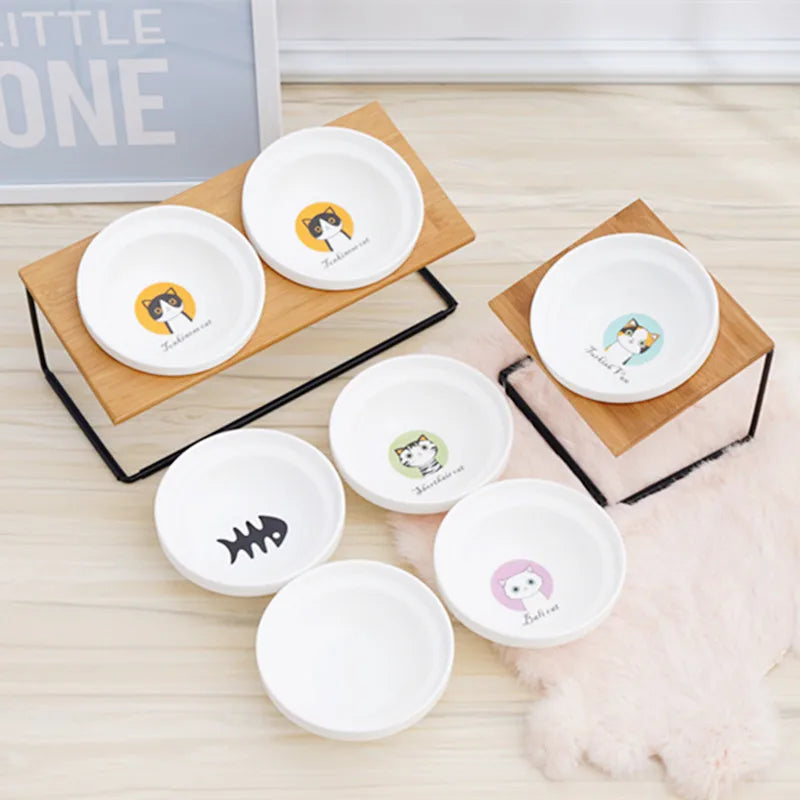 Cute Cat Bowl High-End Pet Bowl Bamboo Shelf Ceramic Feeding and Drinking Bowls for Dogs and Cats Pet Feeder Dog Double Bowls