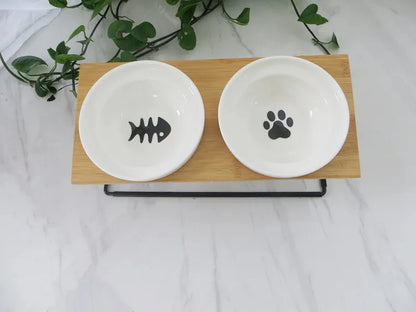 Cute Cat Bowl High-End Pet Bowl Bamboo Shelf Ceramic Feeding and Drinking Bowls for Dogs and Cats Pet Feeder Dog Double Bowls